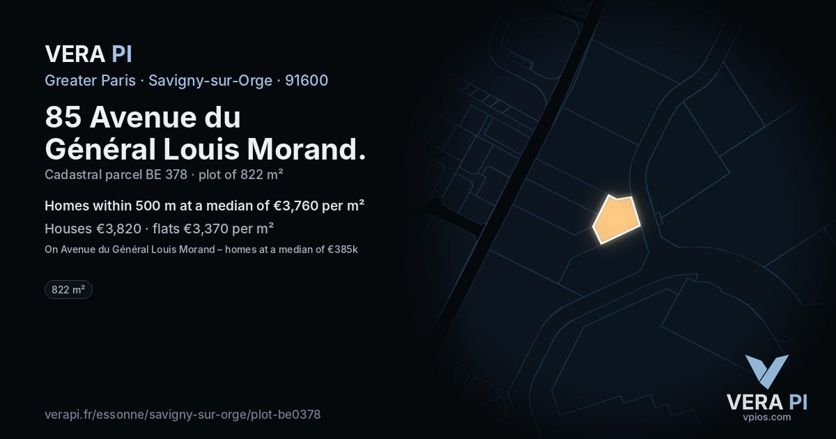 85 Avenue du Général Louis Morand, Savigny-sur-Orge at night – the plot lit, the parcels around coloured by the prices near them