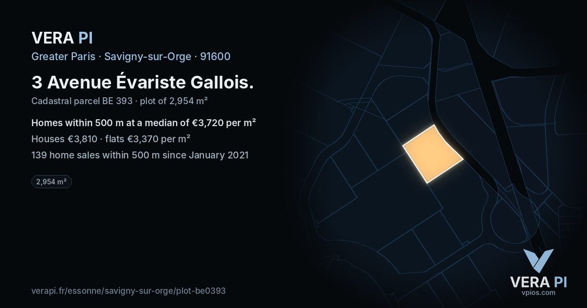3 Avenue Évariste Gallois, Savigny-sur-Orge at night – the plot lit, the parcels around coloured by the prices near them