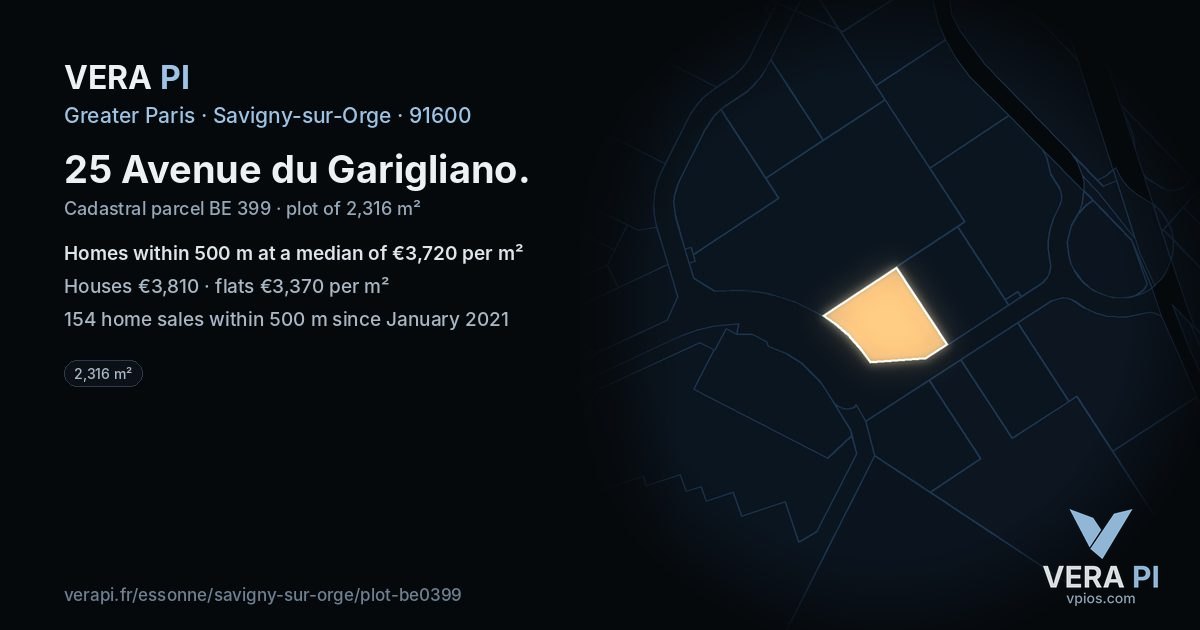 25 Avenue du Garigliano, Savigny-sur-Orge at night – the plot lit, the parcels around coloured by the prices near them