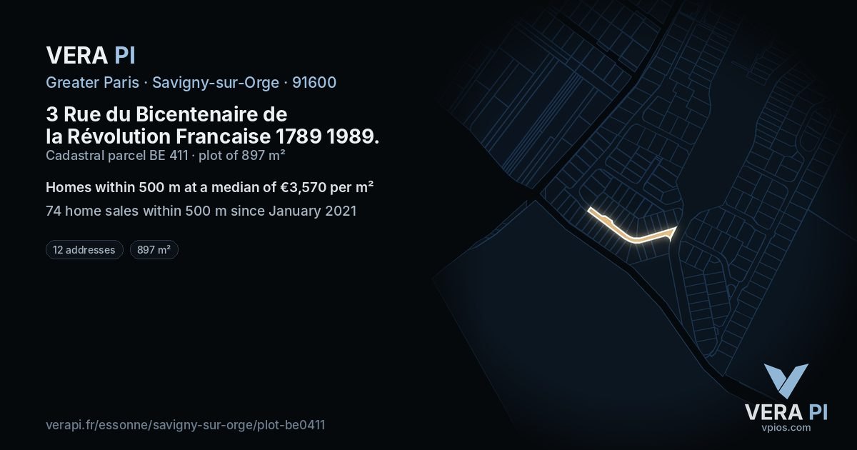 3 Rue du Bicentenaire de la Révolution Francaise 1789 1989, Savigny-sur-Orge at night – the plot lit, the parcels around coloured by the prices near them