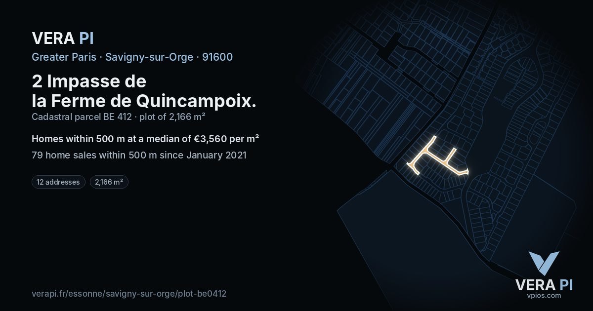 2 Impasse de la Ferme de Quincampoix, Savigny-sur-Orge at night – the plot lit, the parcels around coloured by the prices near them