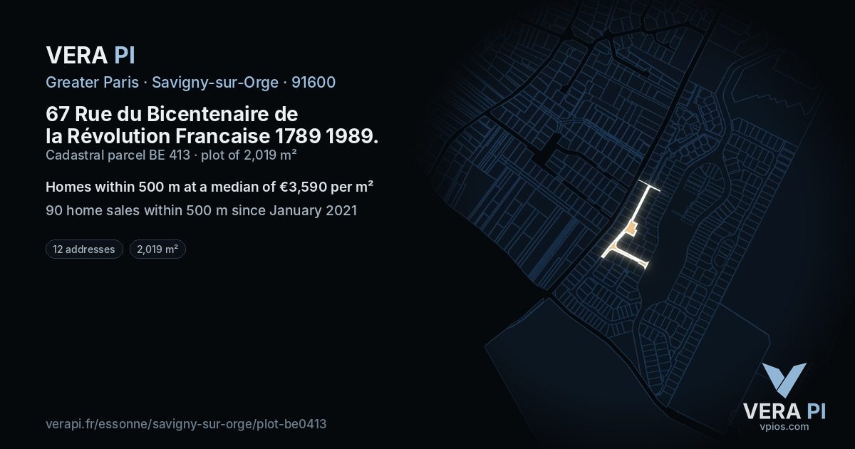 67 Rue du Bicentenaire de la Révolution Francaise 1789 1989, Savigny-sur-Orge at night – the plot lit, the parcels around coloured by the prices near them