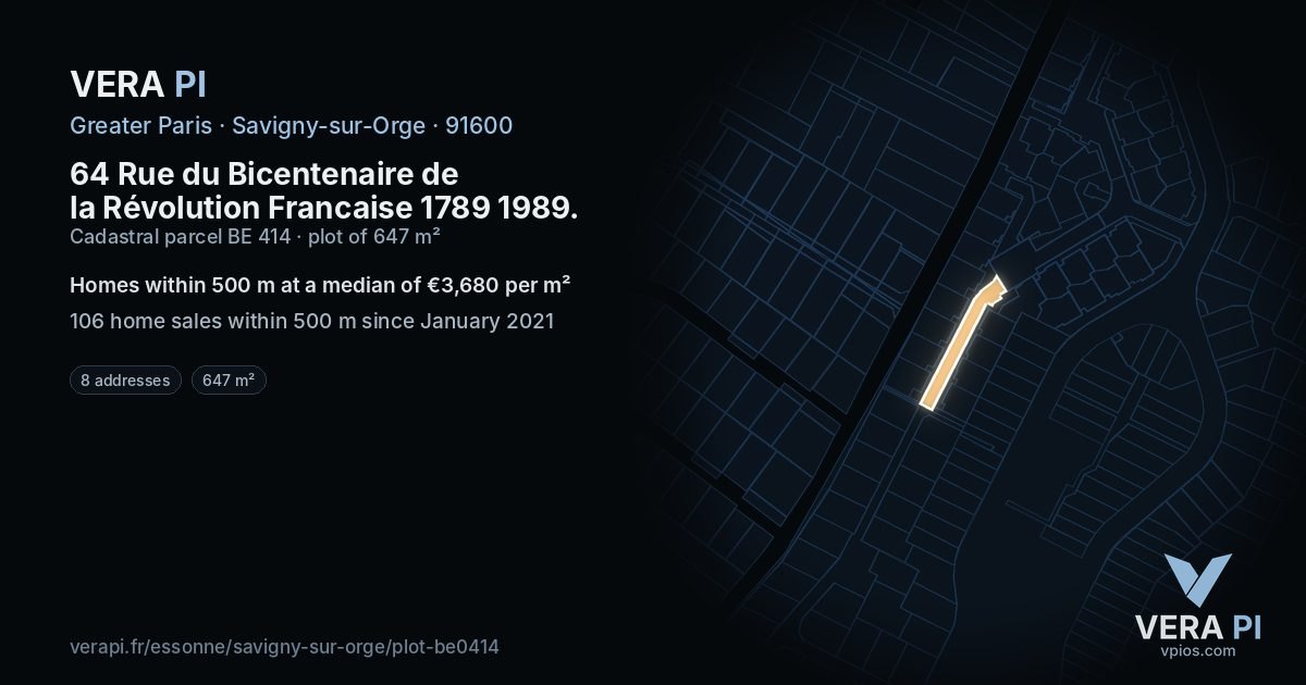 64 Rue du Bicentenaire de la Révolution Francaise 1789 1989, Savigny-sur-Orge at night – the plot lit, the parcels around coloured by the prices near them