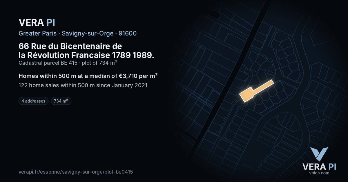 66 Rue du Bicentenaire de la Révolution Francaise 1789 1989, Savigny-sur-Orge at night – the plot lit, the parcels around coloured by the prices near them
