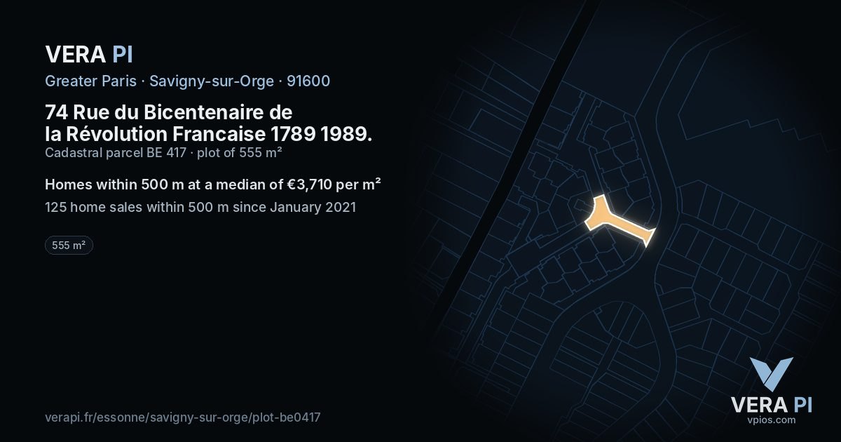 74 Rue du Bicentenaire de la Révolution Francaise 1789 1989, Savigny-sur-Orge at night – the plot lit, the parcels around coloured by the prices near them