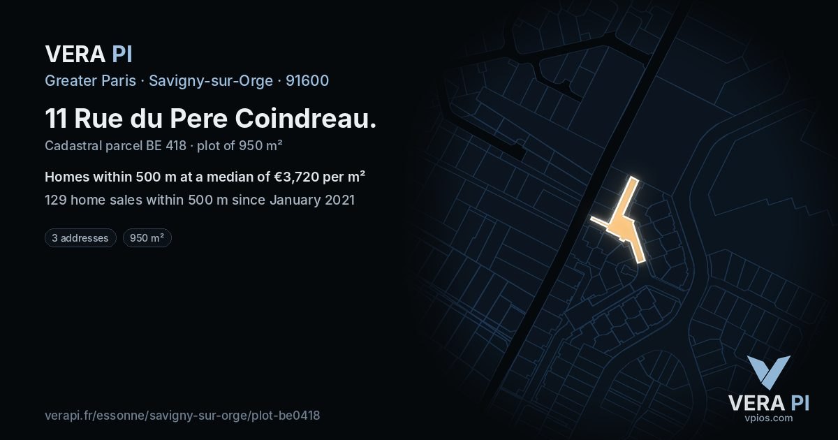 11 Rue du Pere Coindreau, Savigny-sur-Orge at night – the plot lit, the parcels around coloured by the prices near them