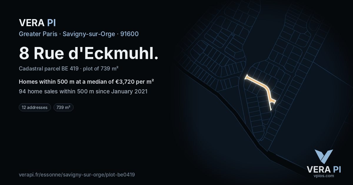 8 Rue d'Eckmuhl, Savigny-sur-Orge at night – the plot lit, the parcels around coloured by the prices near them
