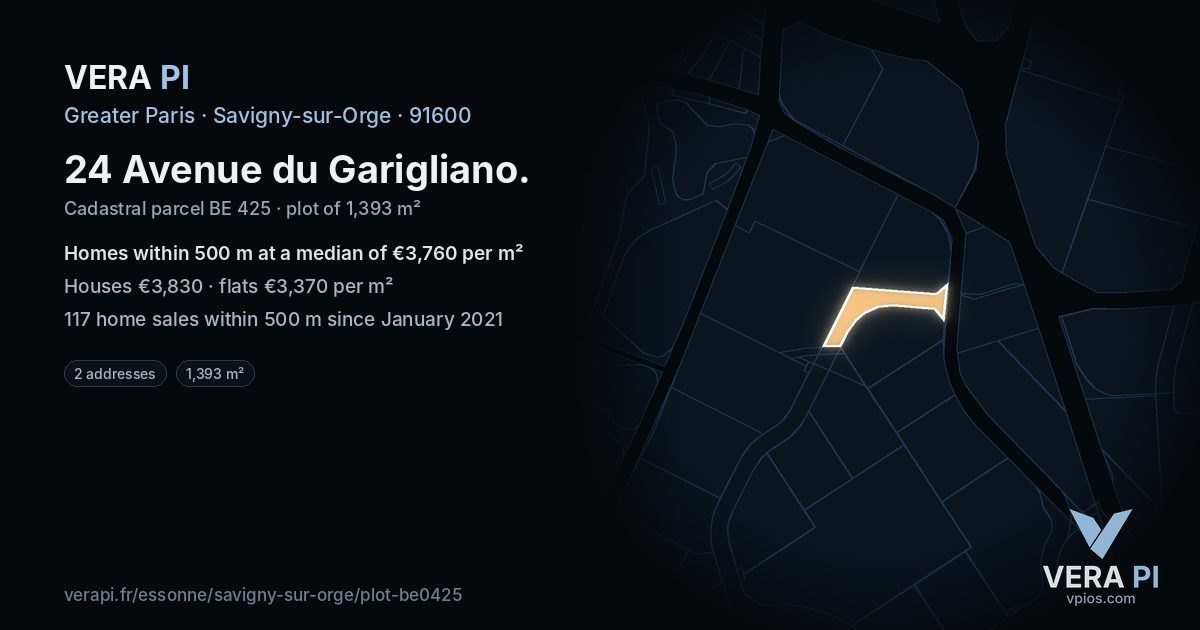 24 Avenue du Garigliano, Savigny-sur-Orge at night – the plot lit, the parcels around coloured by the prices near them