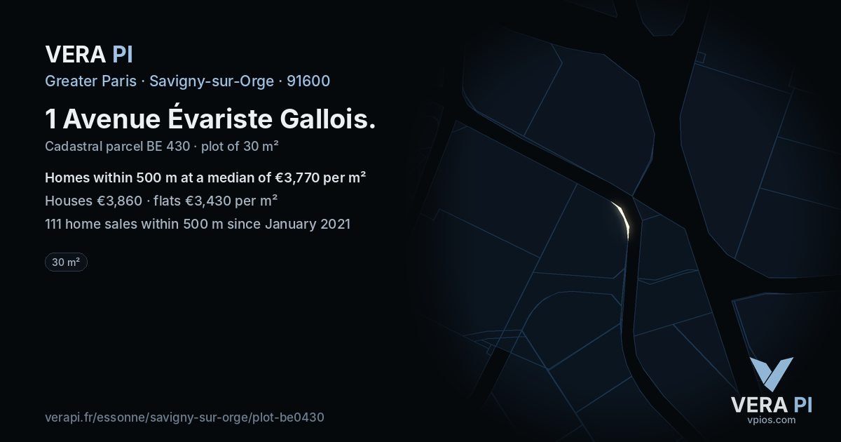 1 Avenue Évariste Gallois, Savigny-sur-Orge at night – the plot lit, the parcels around coloured by the prices near them