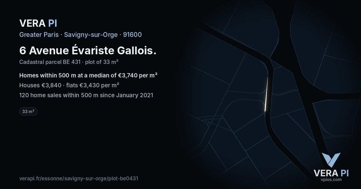 6 Avenue Évariste Gallois, Savigny-sur-Orge at night – the plot lit, the parcels around coloured by the prices near them