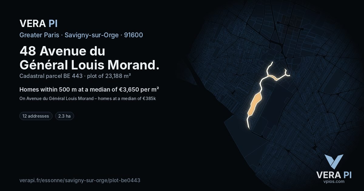 48 Avenue du Général Louis Morand, Savigny-sur-Orge at night – the plot lit, the parcels around coloured by the prices near them