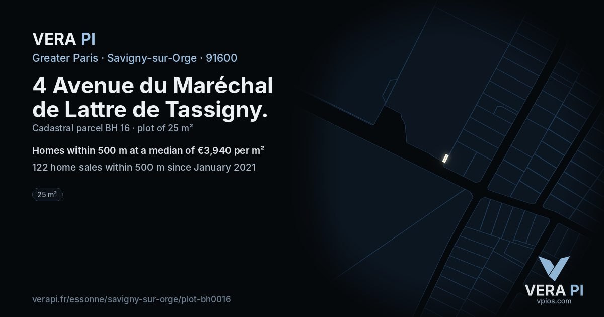 4 Avenue du Maréchal de Lattre de Tassigny, Savigny-sur-Orge at night – the plot lit, the parcels around coloured by the prices near them