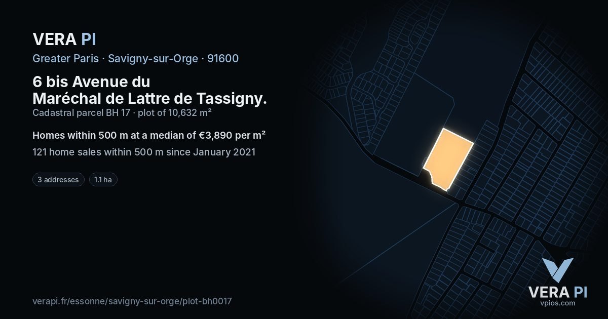 6 bis Avenue du Maréchal de Lattre de Tassigny, Savigny-sur-Orge at night – the plot lit, the parcels around coloured by the prices near them