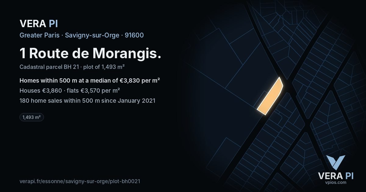 1 Route de Morangis, Savigny-sur-Orge at night – the plot lit, the parcels around coloured by the prices near them