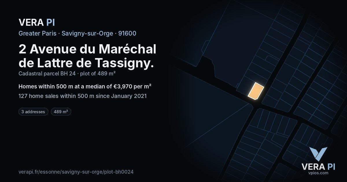 2 Avenue du Maréchal de Lattre de Tassigny, Savigny-sur-Orge at night – the plot lit, the parcels around coloured by the prices near them
