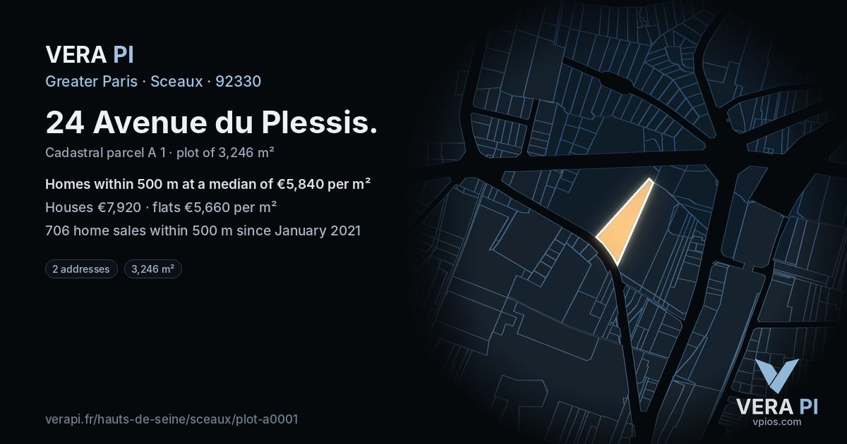 24 Avenue du Plessis, Sceaux at night – the plot lit, the parcels around coloured by the prices near them