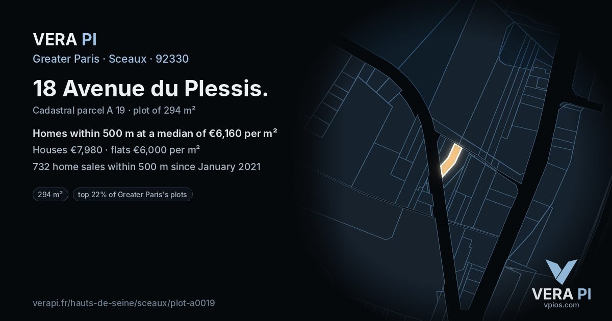18 Avenue du Plessis, Sceaux at night – the plot lit, the parcels around coloured by the prices near them
