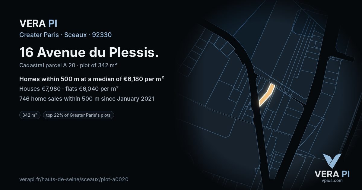 16 Avenue du Plessis, Sceaux at night – the plot lit, the parcels around coloured by the prices near them