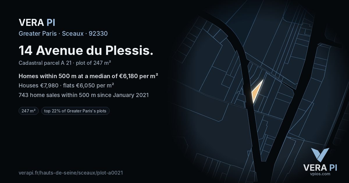 14 Avenue du Plessis, Sceaux at night – the plot lit, the parcels around coloured by the prices near them