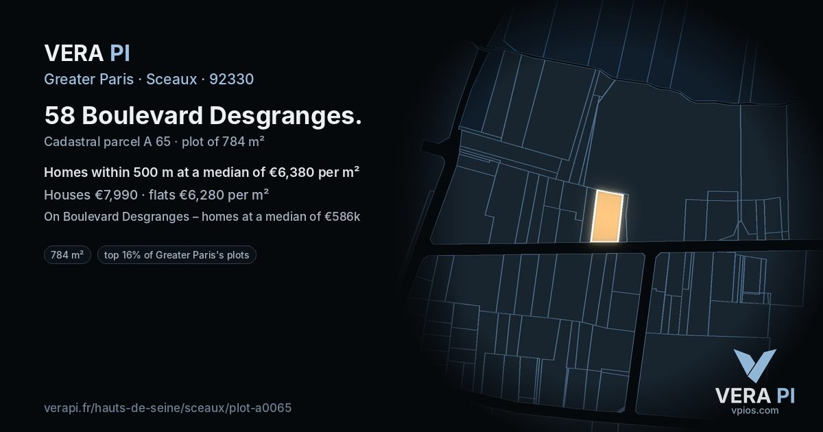 58 Boulevard Desgranges, Sceaux at night – the plot lit, the parcels around coloured by the prices near them