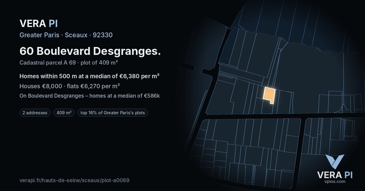60 Boulevard Desgranges, Sceaux at night – the plot lit, the parcels around coloured by the prices near them