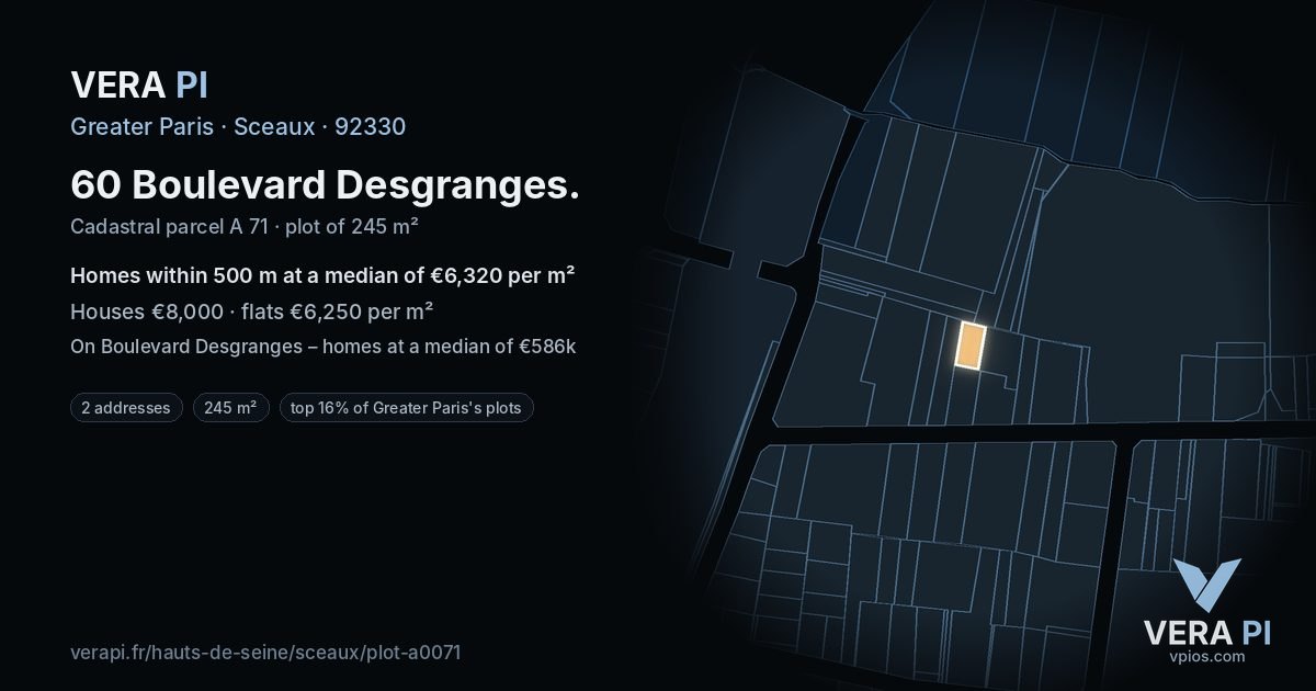 60 Boulevard Desgranges, Sceaux at night – the plot lit, the parcels around coloured by the prices near them