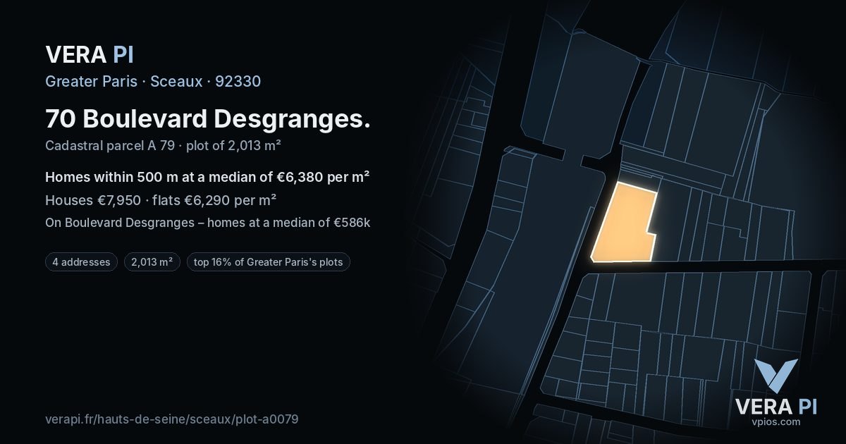 70 Boulevard Desgranges, Sceaux at night – the plot lit, the parcels around coloured by the prices near them