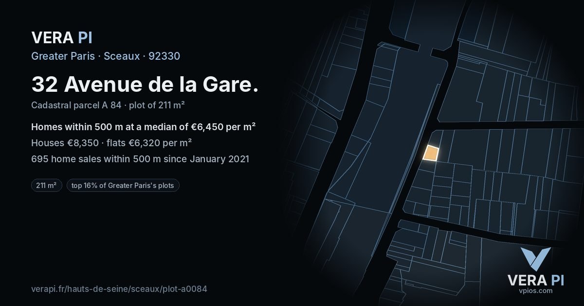 32 Avenue de la Gare, Sceaux at night – the plot lit, the parcels around coloured by the prices near them