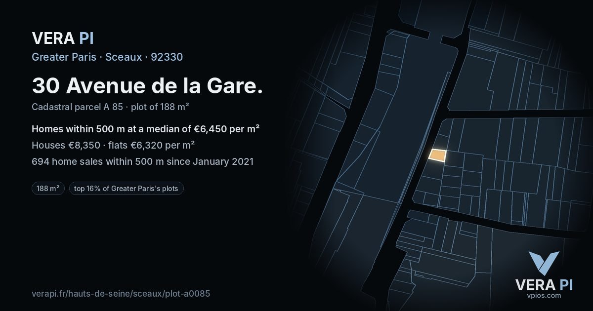 30 Avenue de la Gare, Sceaux at night – the plot lit, the parcels around coloured by the prices near them