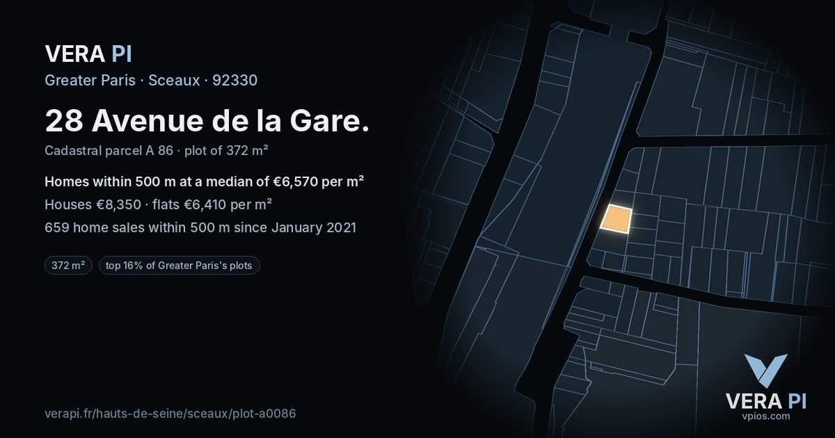 28 Avenue de la Gare, Sceaux at night – the plot lit, the parcels around coloured by the prices near them
