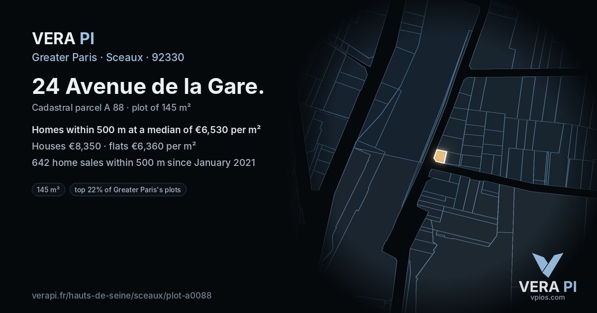 24 Avenue de la Gare, Sceaux at night – the plot lit, the parcels around coloured by the prices near them