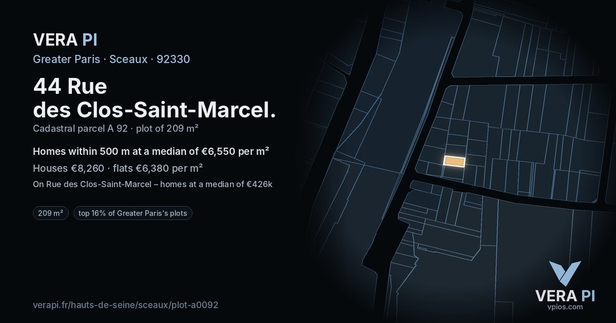44 Rue des Clos-Saint-Marcel, Sceaux at night – the plot lit, the parcels around coloured by the prices near them