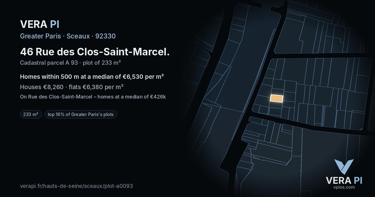 46 Rue des Clos-Saint-Marcel, Sceaux at night – the plot lit, the parcels around coloured by the prices near them