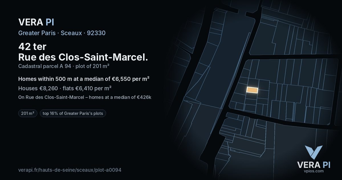 42 ter Rue des Clos-Saint-Marcel, Sceaux at night – the plot lit, the parcels around coloured by the prices near them