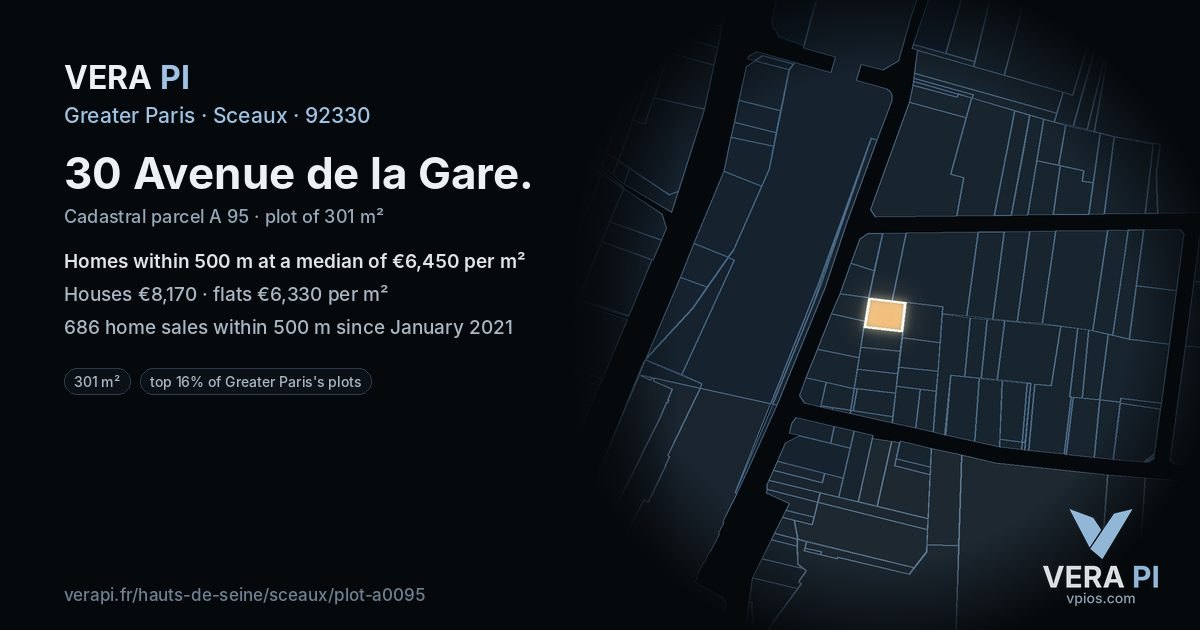 30 Avenue de la Gare, Sceaux at night – the plot lit, the parcels around coloured by the prices near them