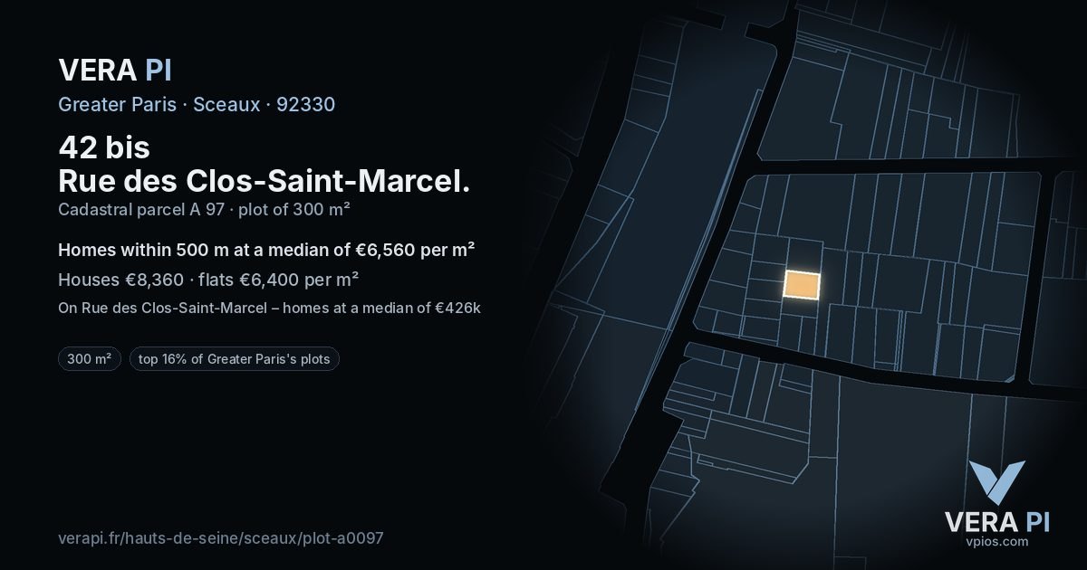 42 bis Rue des Clos-Saint-Marcel, Sceaux at night – the plot lit, the parcels around coloured by the prices near them