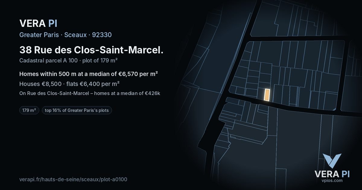 38 Rue des Clos-Saint-Marcel, Sceaux at night – the plot lit, the parcels around coloured by the prices near them
