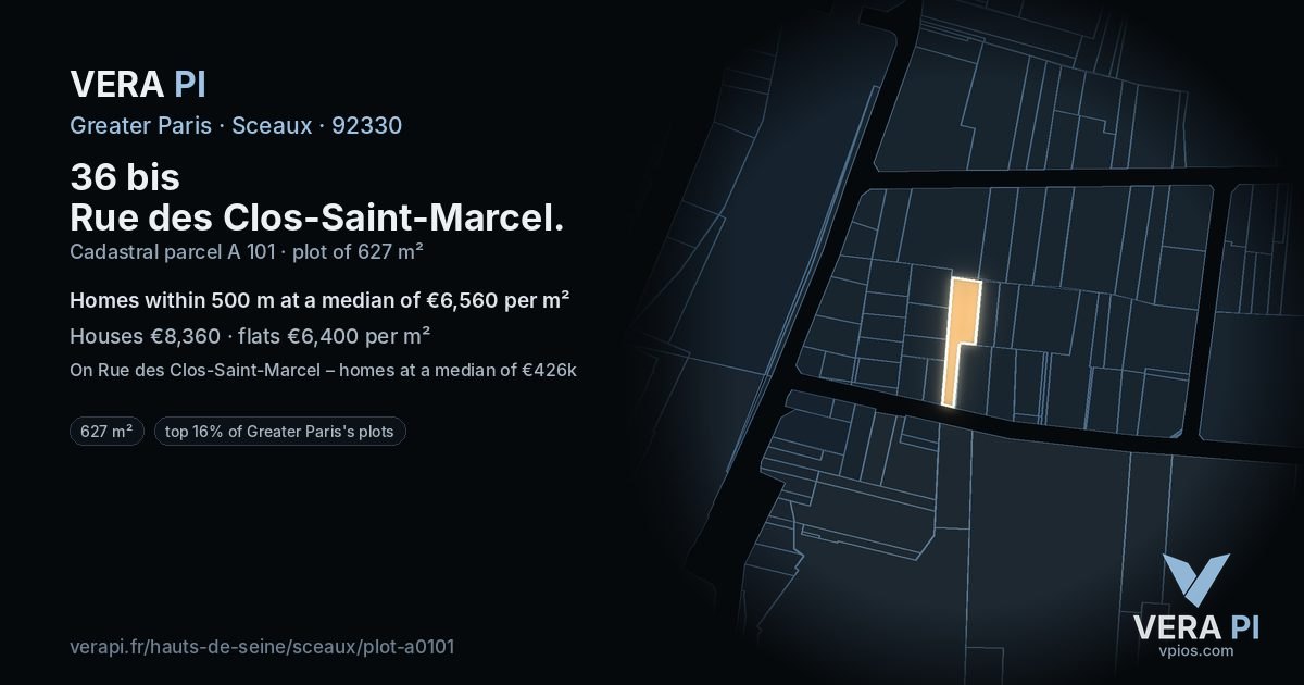 36 bis Rue des Clos-Saint-Marcel, Sceaux at night – the plot lit, the parcels around coloured by the prices near them