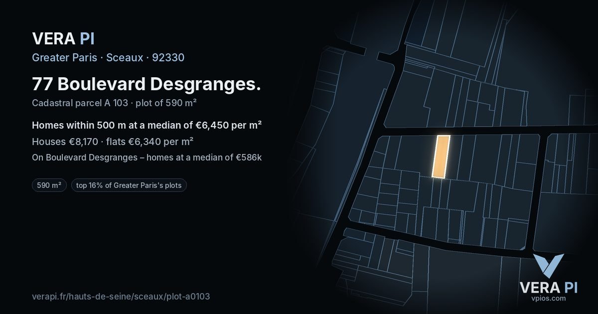 77 Boulevard Desgranges, Sceaux at night – the plot lit, the parcels around coloured by the prices near them