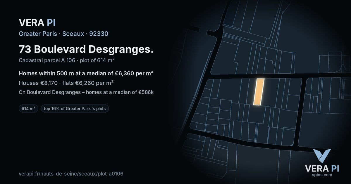 73 Boulevard Desgranges, Sceaux at night – the plot lit, the parcels around coloured by the prices near them