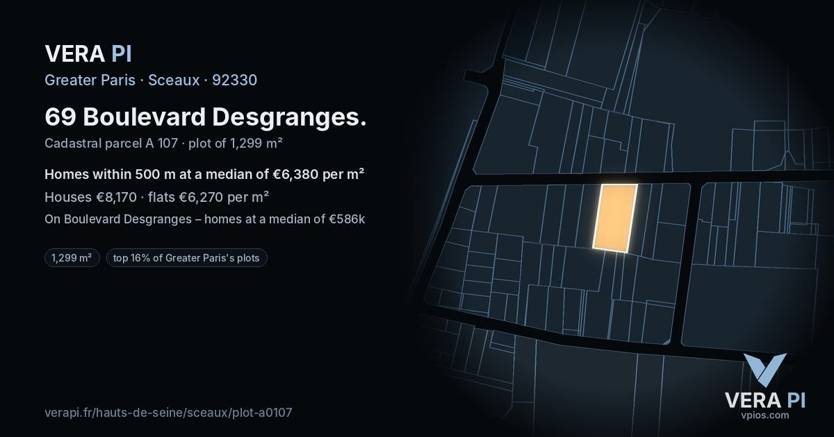 69 Boulevard Desgranges, Sceaux at night – the plot lit, the parcels around coloured by the prices near them