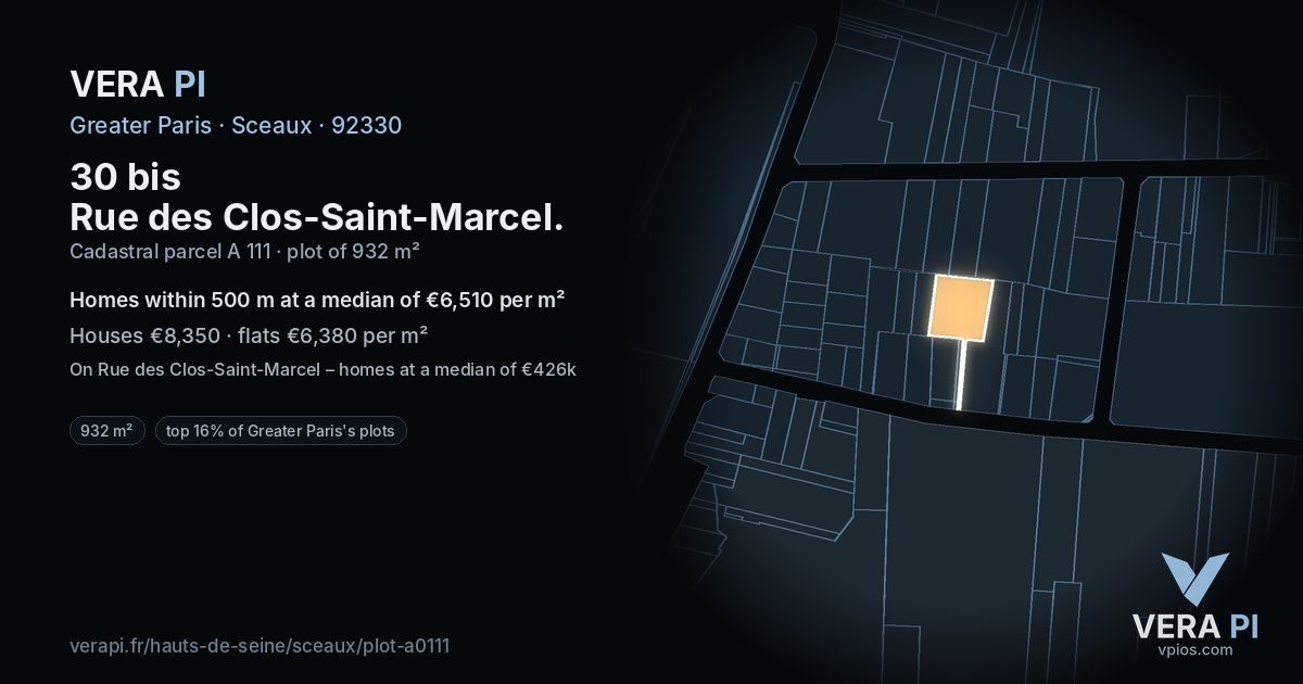 30 bis Rue des Clos-Saint-Marcel, Sceaux at night – the plot lit, the parcels around coloured by the prices near them
