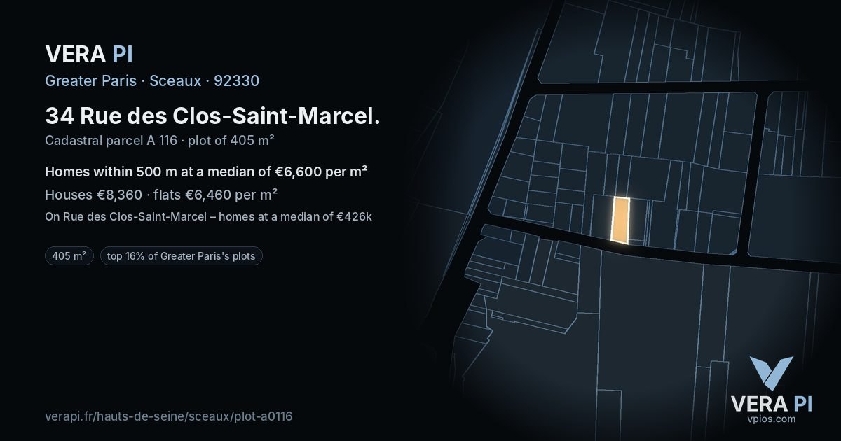 34 Rue des Clos-Saint-Marcel, Sceaux at night – the plot lit, the parcels around coloured by the prices near them