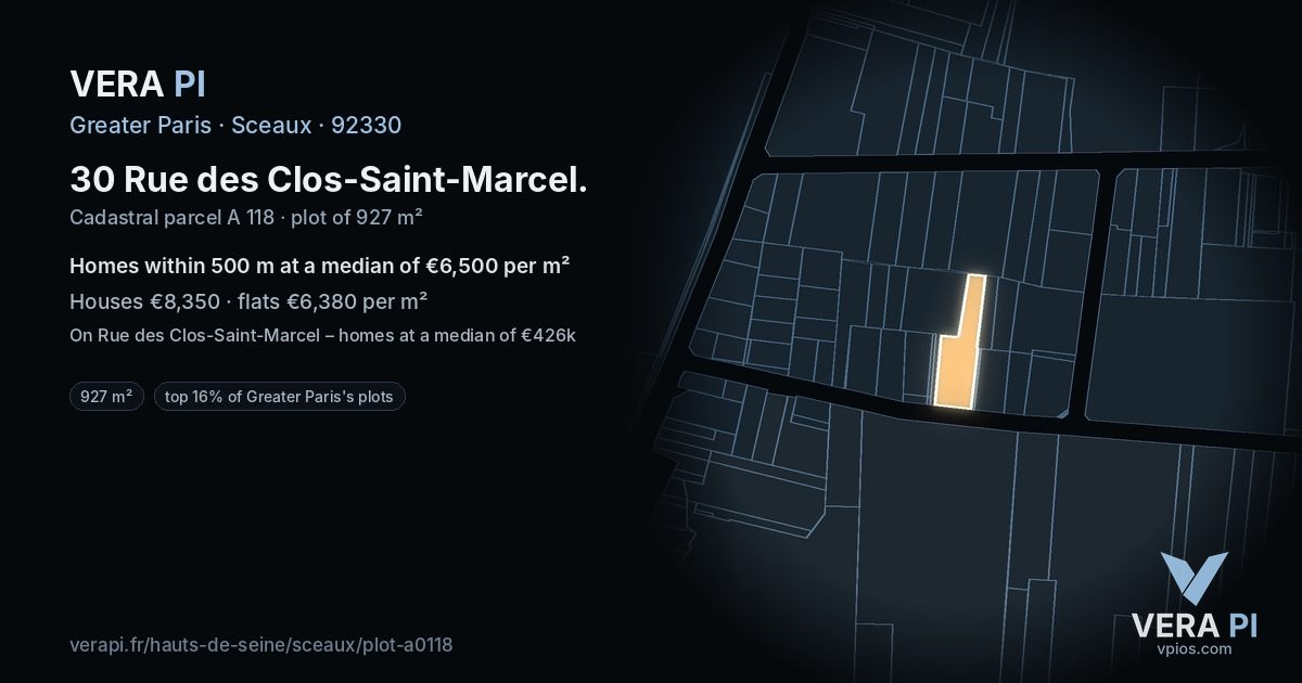 30 Rue des Clos-Saint-Marcel, Sceaux at night – the plot lit, the parcels around coloured by the prices near them