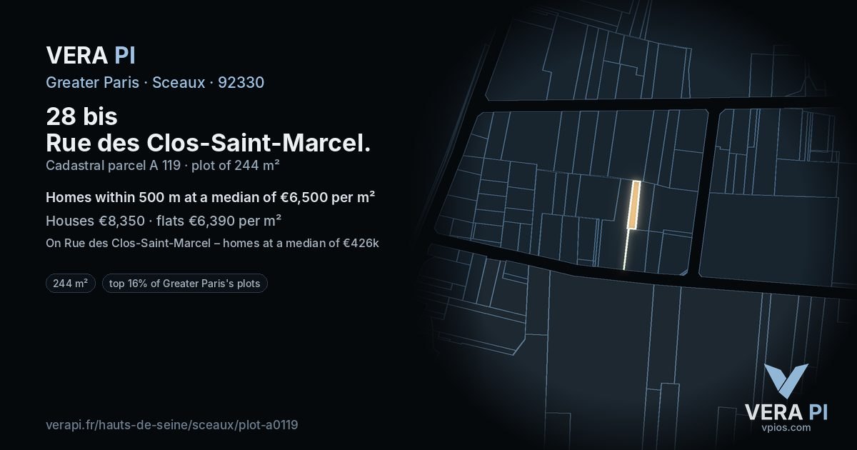 28 bis Rue des Clos-Saint-Marcel, Sceaux at night – the plot lit, the parcels around coloured by the prices near them