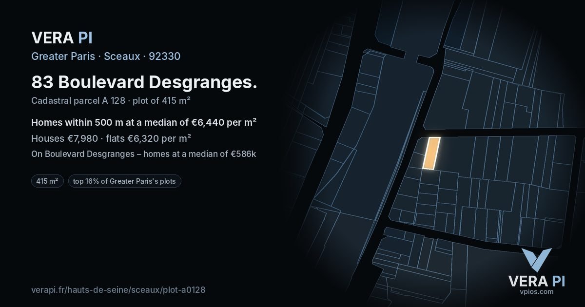 83 Boulevard Desgranges, Sceaux at night – the plot lit, the parcels around coloured by the prices near them
