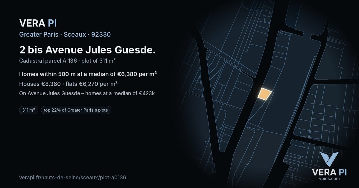 2 bis Avenue Jules Guesde, Sceaux at night – the plot lit, the parcels around coloured by the prices near them