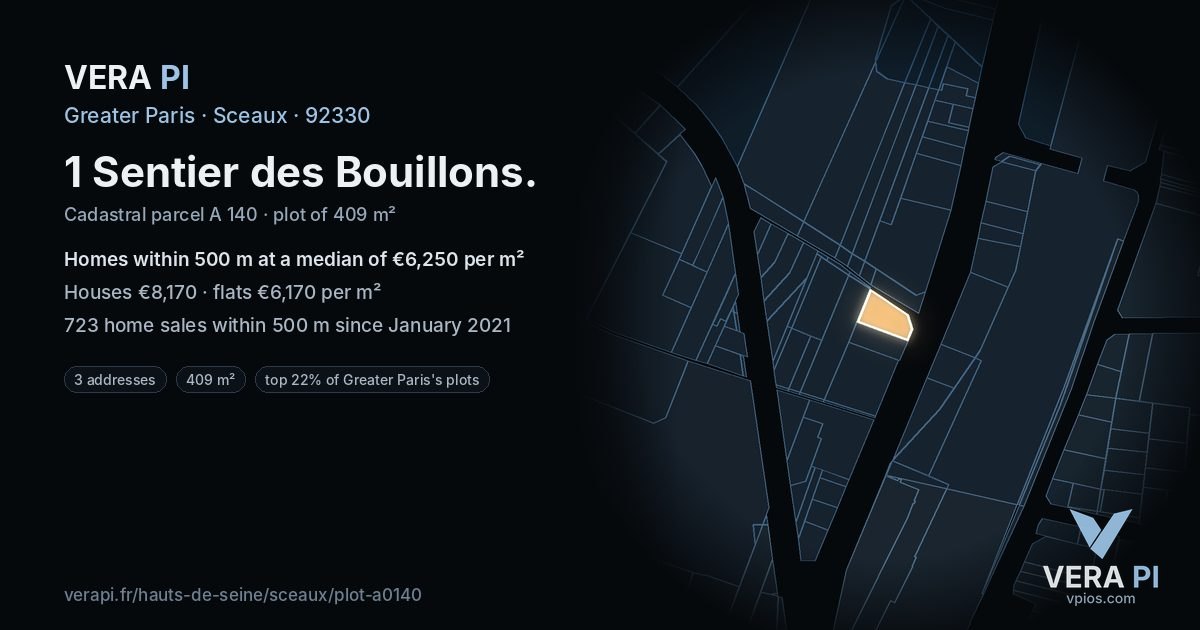 1 Sentier des Bouillons, Sceaux at night – the plot lit, the parcels around coloured by the prices near them
