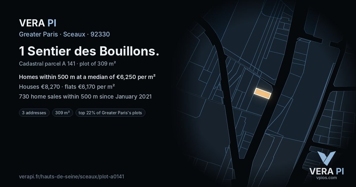 1 Sentier des Bouillons, Sceaux at night – the plot lit, the parcels around coloured by the prices near them