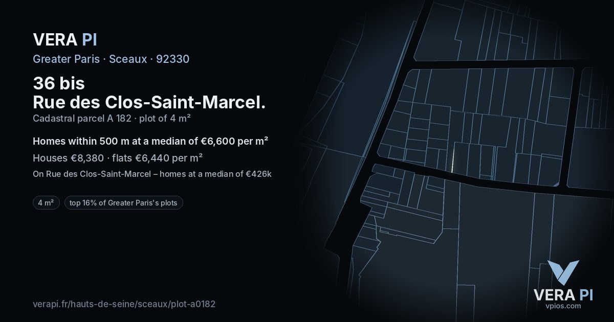 36 bis Rue des Clos-Saint-Marcel, Sceaux at night – the plot lit, the parcels around coloured by the prices near them